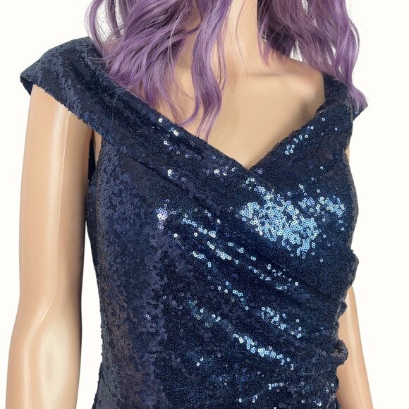 Vintage Marina Navy Blue Sequined Gown Size 12 Off The Shoulder Formal - Picture 6 of 14